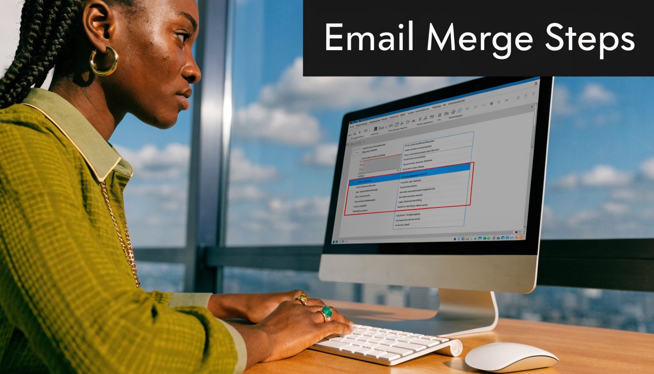 A professional woman working on an email merge process using Microsoft Outlook on her computer monitor.