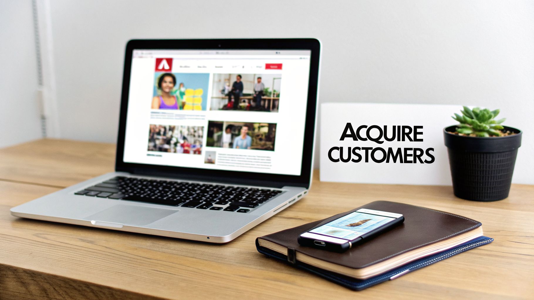 A laptop, smartphone, and notebook on a wooden desk, with a sign reading "ACQUIRE CUSTOMERS."