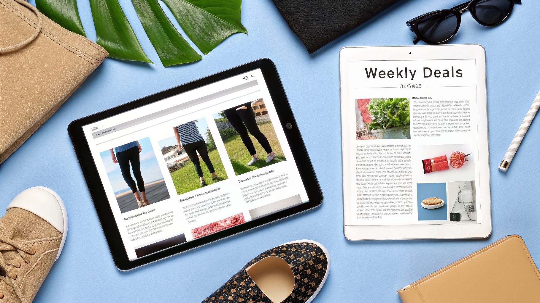 Two tablets displaying fashion website and 'Weekly Deals' promotions on a blue background, surrounded by shoes, sunglasses, and a green leaf.