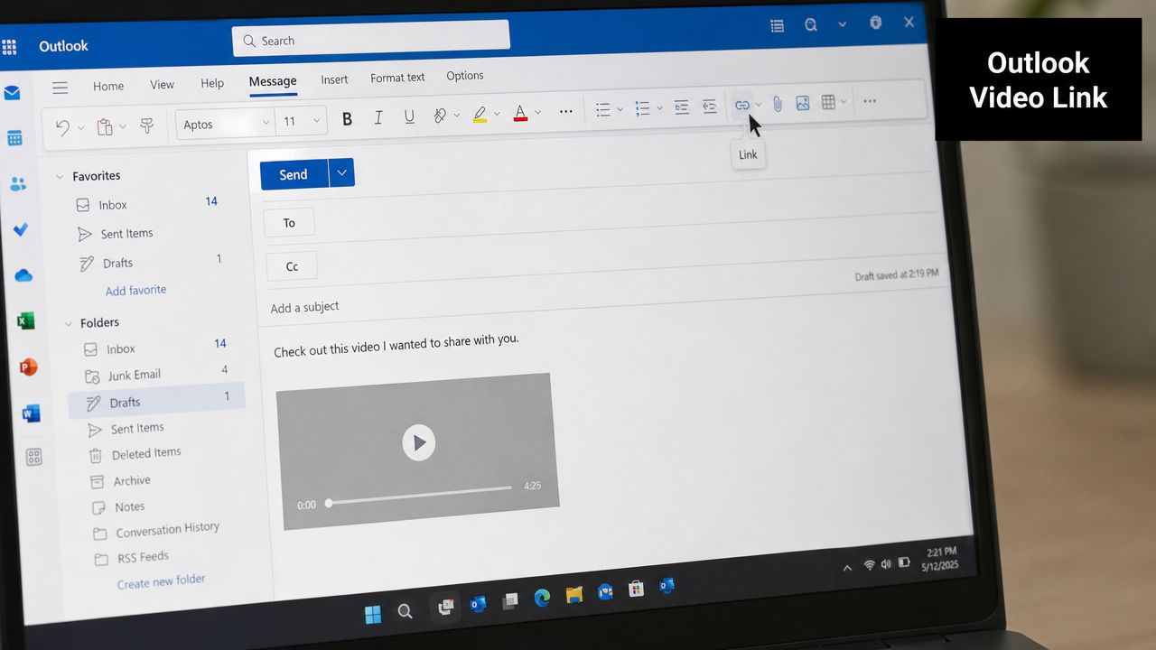 A laptop screen displaying the Outlook email interface with an embedded video for sharing via a link.