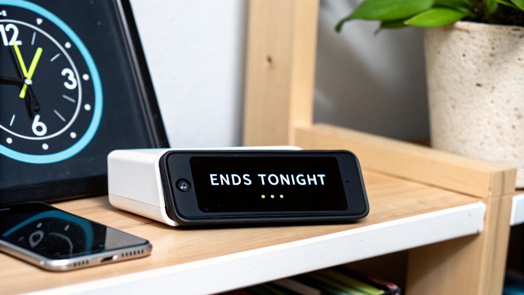A device displaying 'ENDS TONIGHT' on a wooden shelf, alongside a smartphone and analog clock.