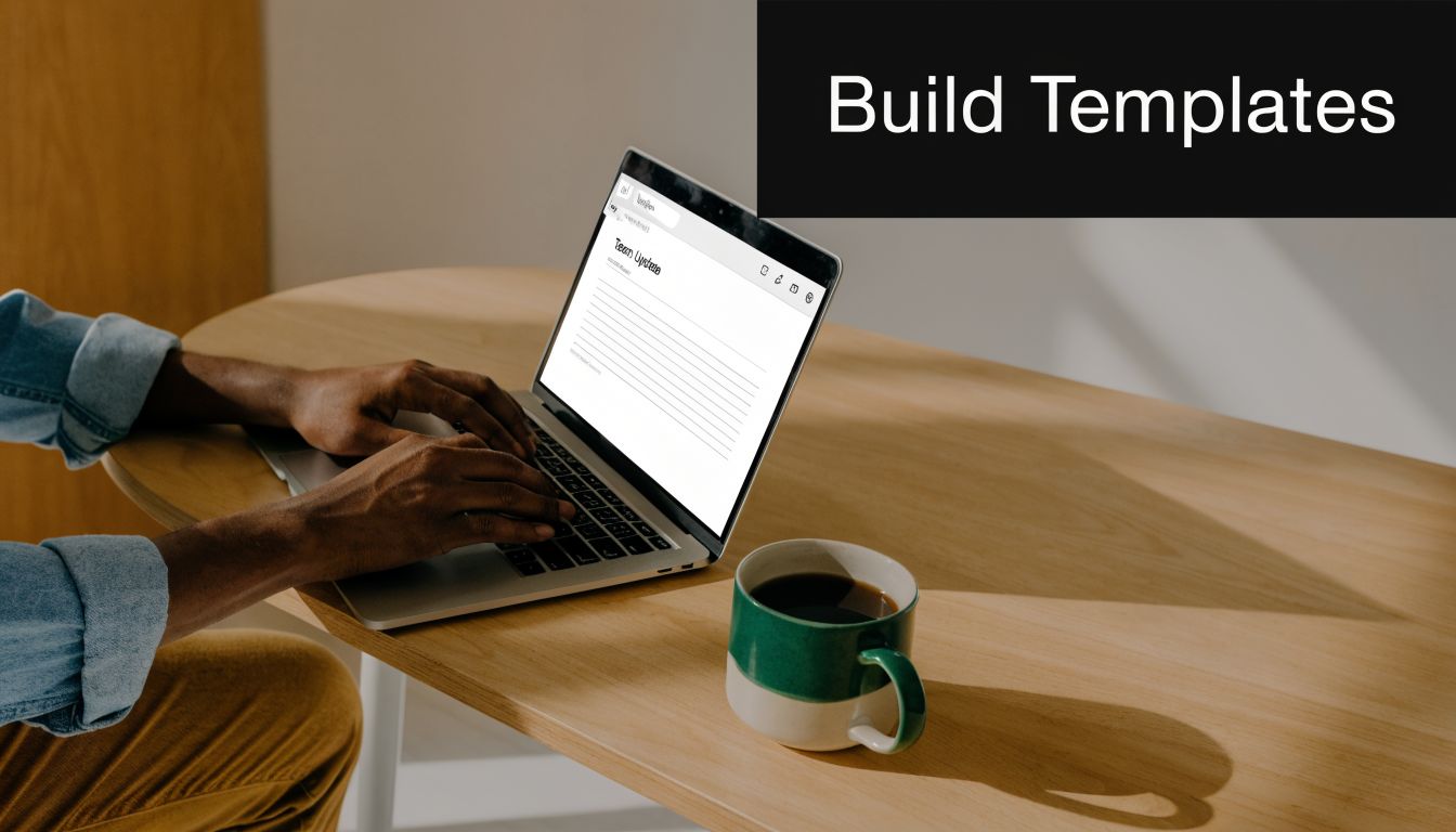 A person sitting at a wooden desk typing an email template on a laptop next to coffee.