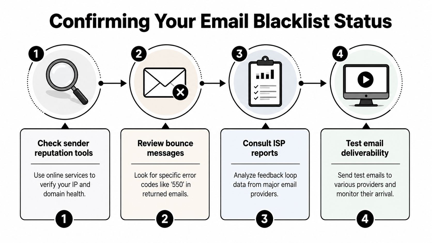 A four-step infographic illustrating how to confirm your email domain's blacklist status effectively.