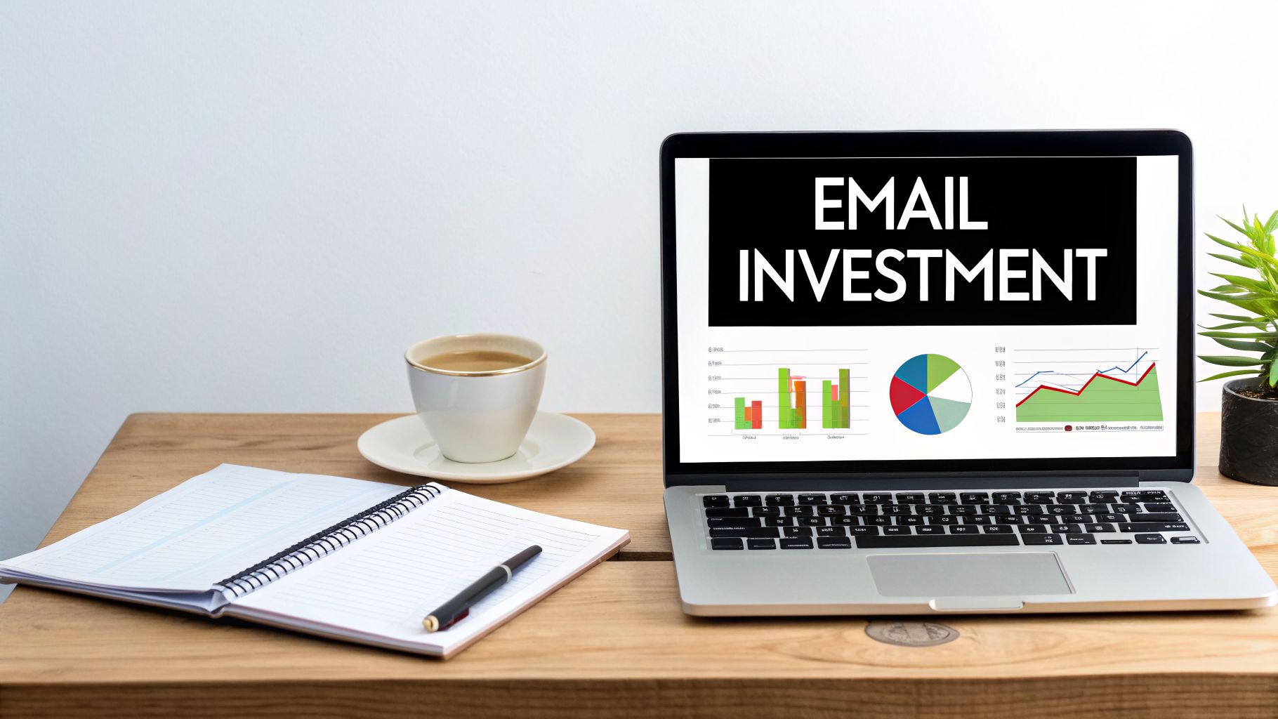 A laptop displaying 'EMAIL INVESTMENT' with charts, a cup of coffee, a notebook, and a pen on a wooden desk.