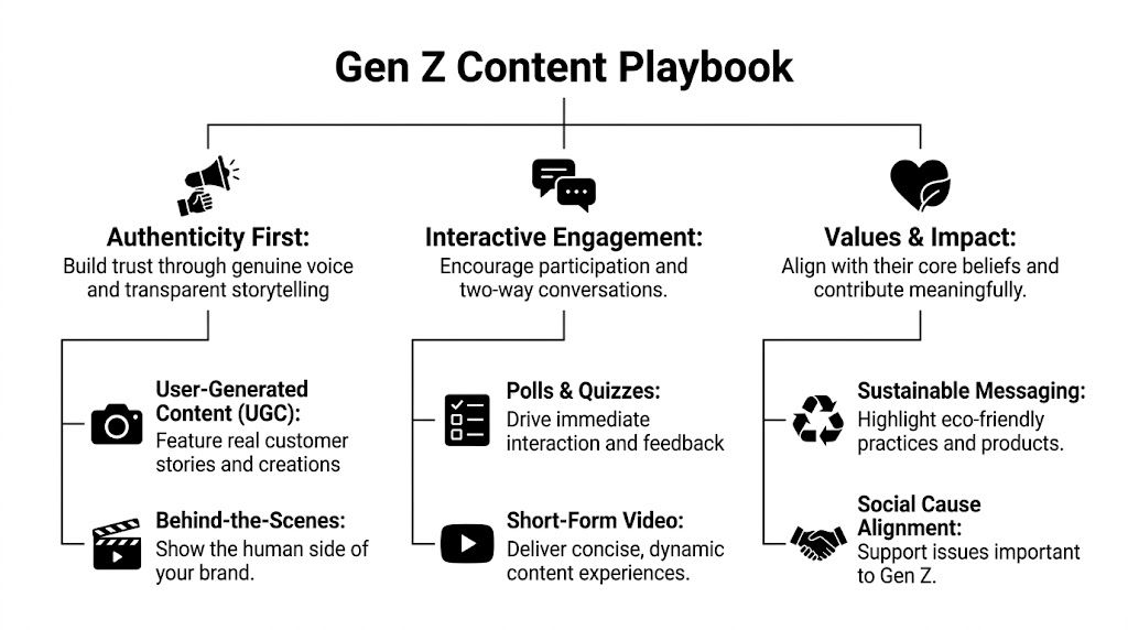 A flowchart infographic titled Gen Z Content Playbook showing strategies like authenticity, interactive engagement, and values.