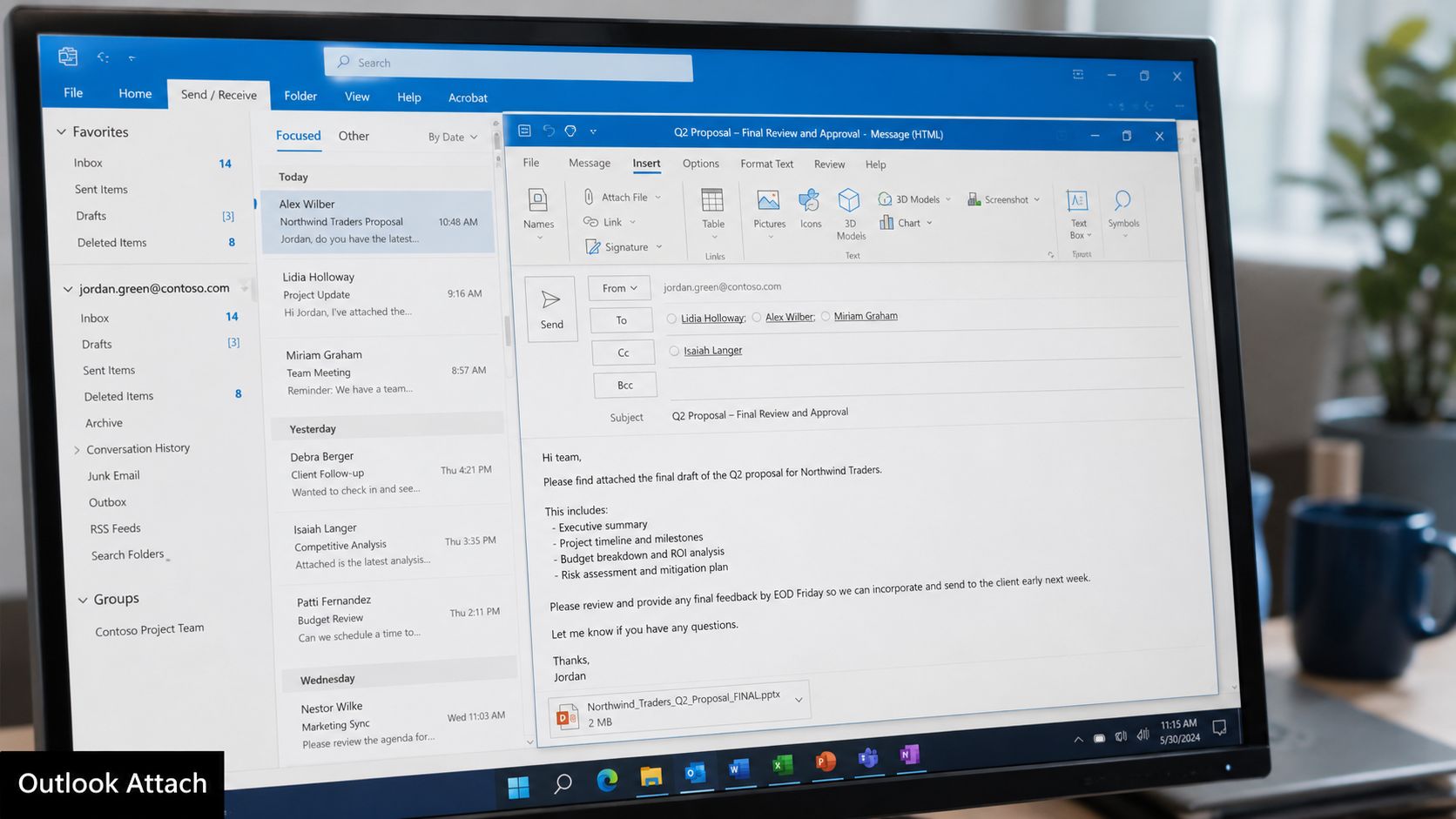A computer screen showing a Microsoft Outlook compose window with an attached PowerPoint presentation for email review.
