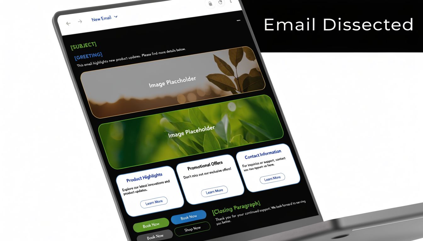 A digital template of a professional marketing email layout displayed on a tablet screen for review.