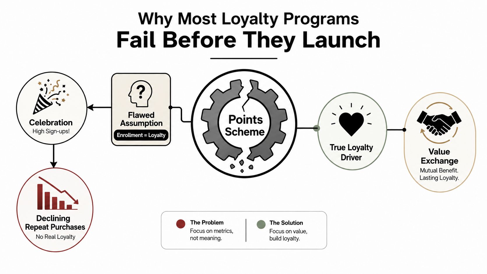 A diagram explaining why most e-commerce loyalty programs fail by prioritizing points over actual value exchange.