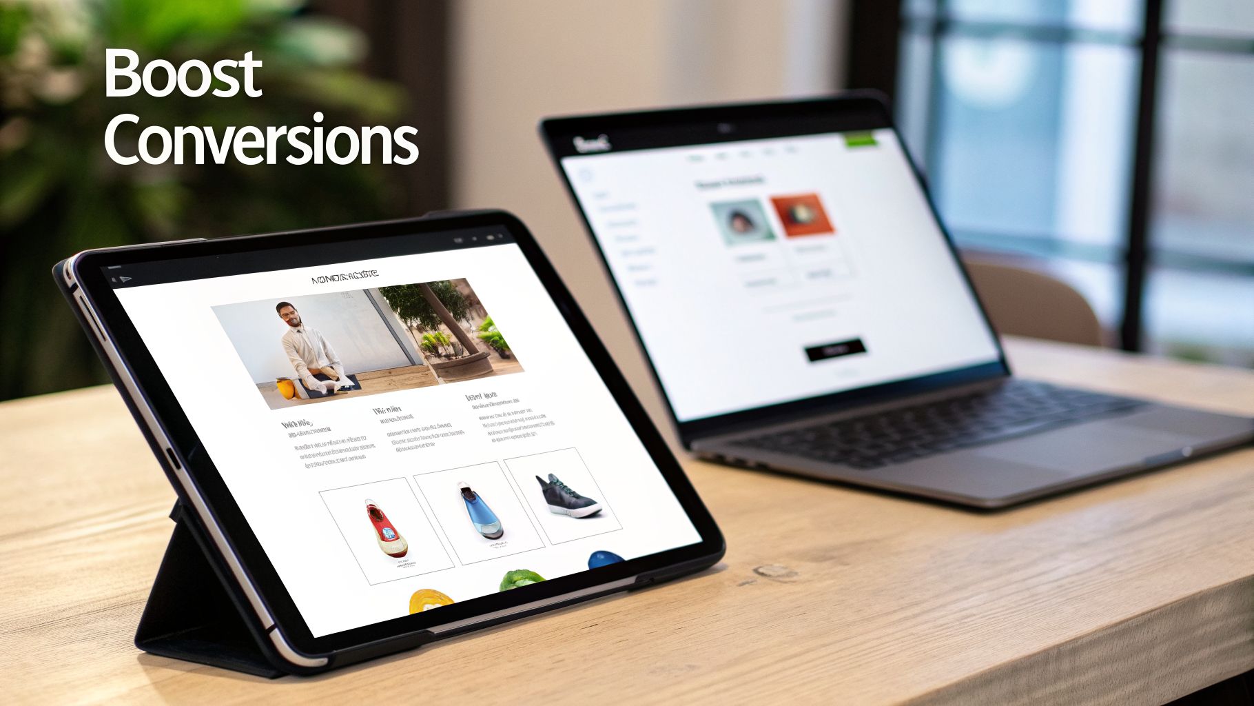 A tablet and laptop display e-commerce websites and conversion dashboards, illustrating methods to boost online sales.