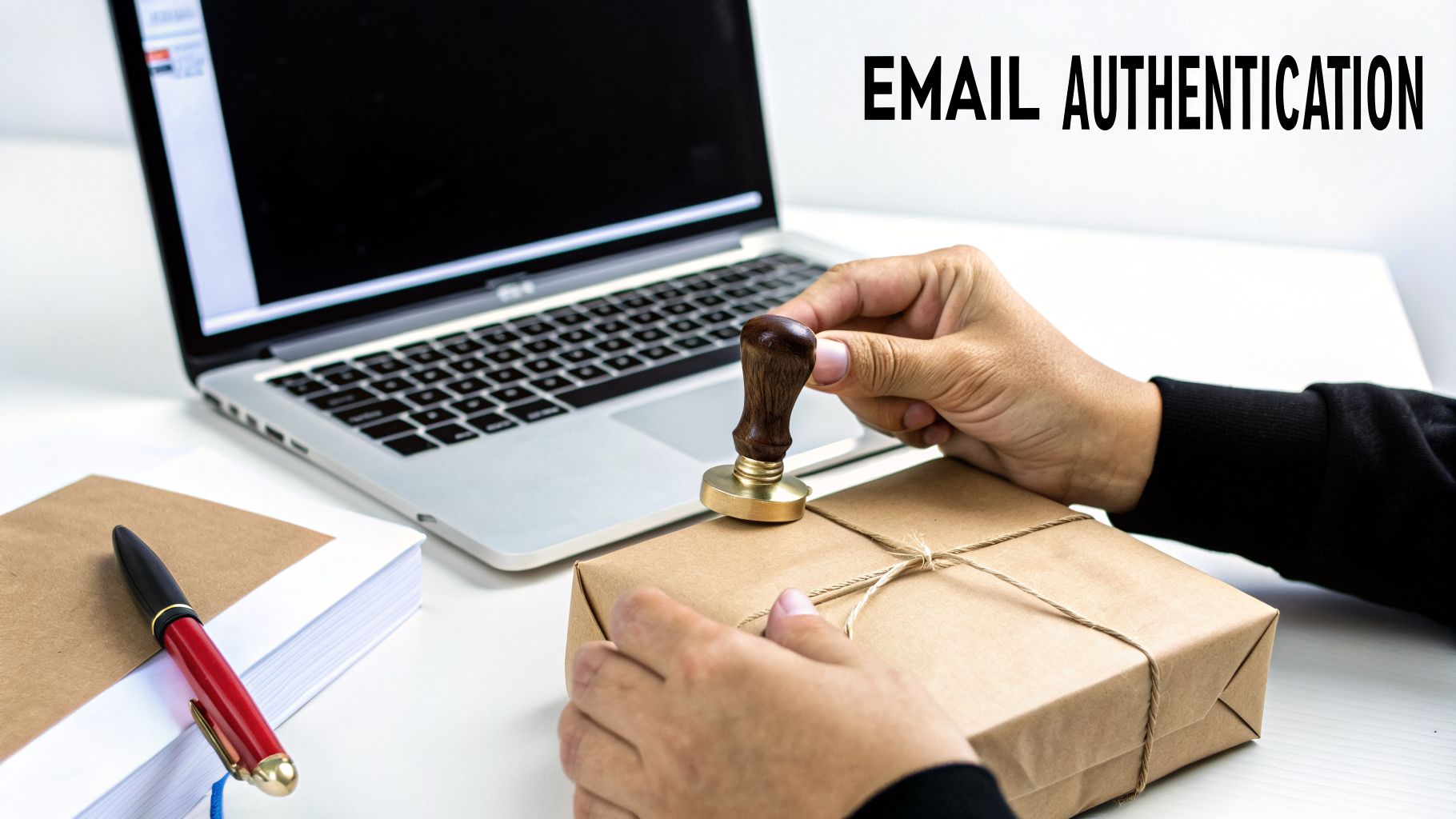 A person stamps a brown paper package on a desk, next to a laptop and books, illustrating email authentication.