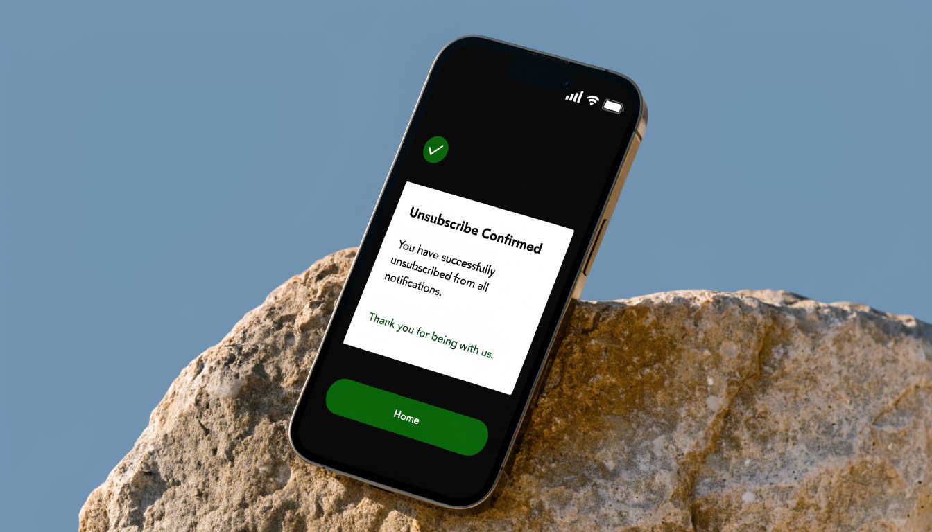 A smartphone screen displaying an Unsubscribe Confirmed message on a rock against a blue background.