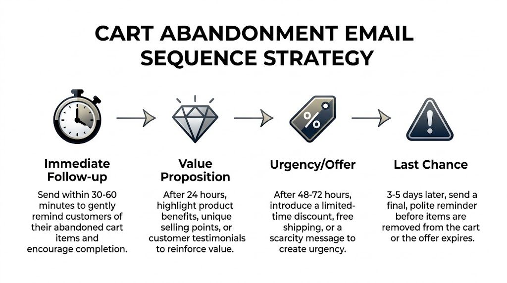A diagram illustrating a four-step cart abandonment email marketing sequence strategy for e-commerce conversion.