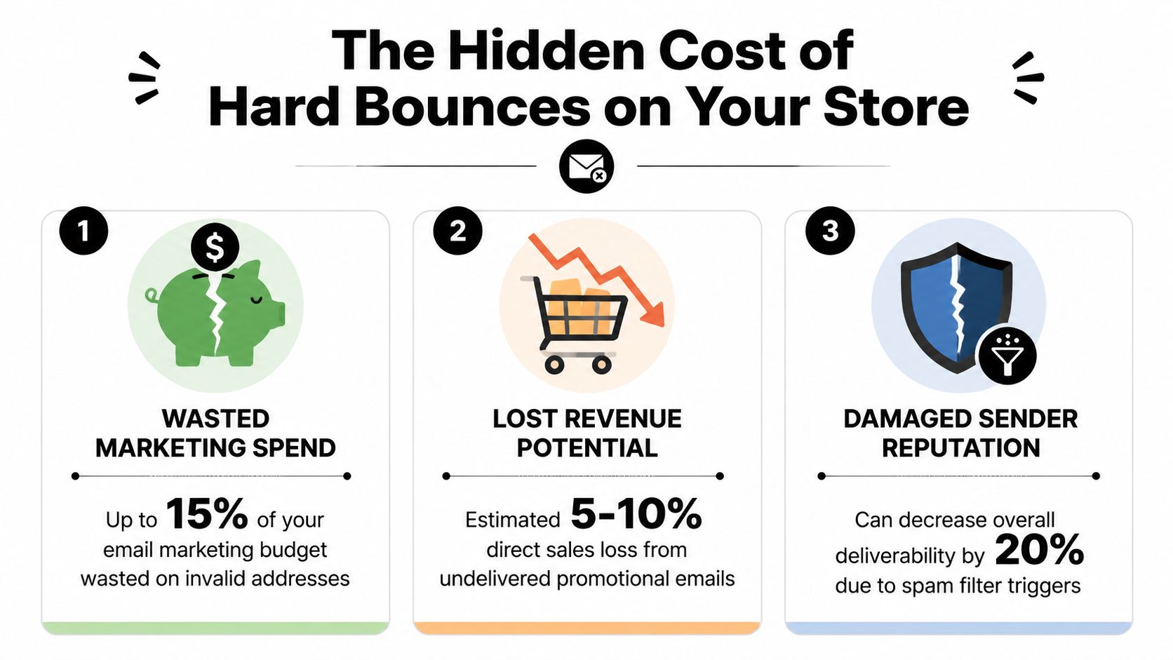 An infographic detailing three hidden costs of email hard bounces for online retail store marketing campaigns.
