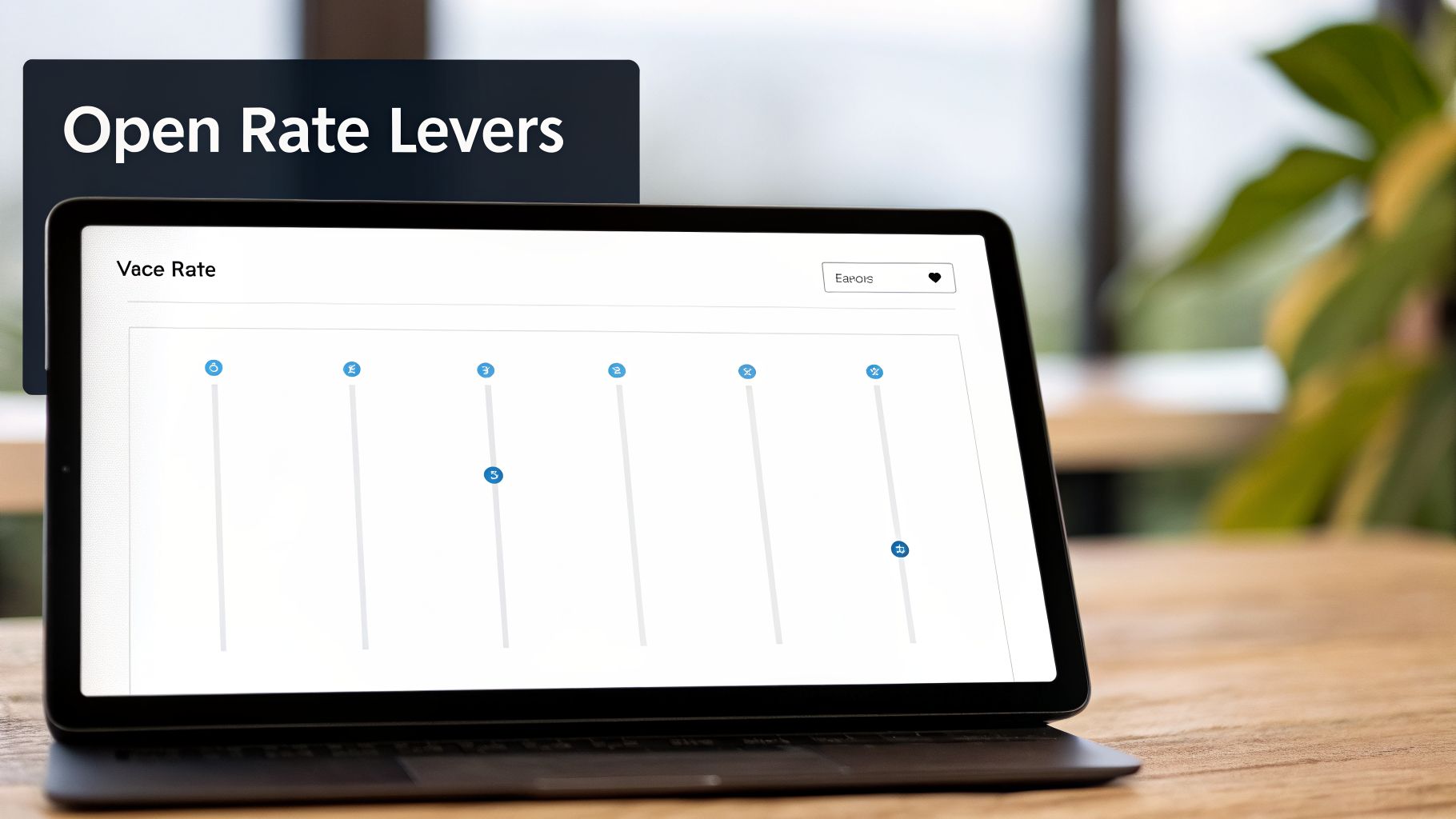 A laptop displays a dashboard titled 'Open Rate Levers' with interactive sliders for data analysis.