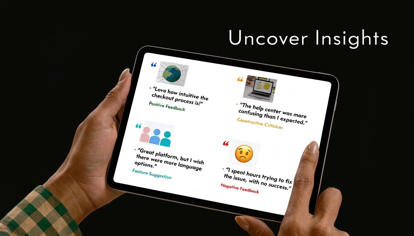A person holding a tablet displaying various customer feedback examples categorized by sentiment and purpose.