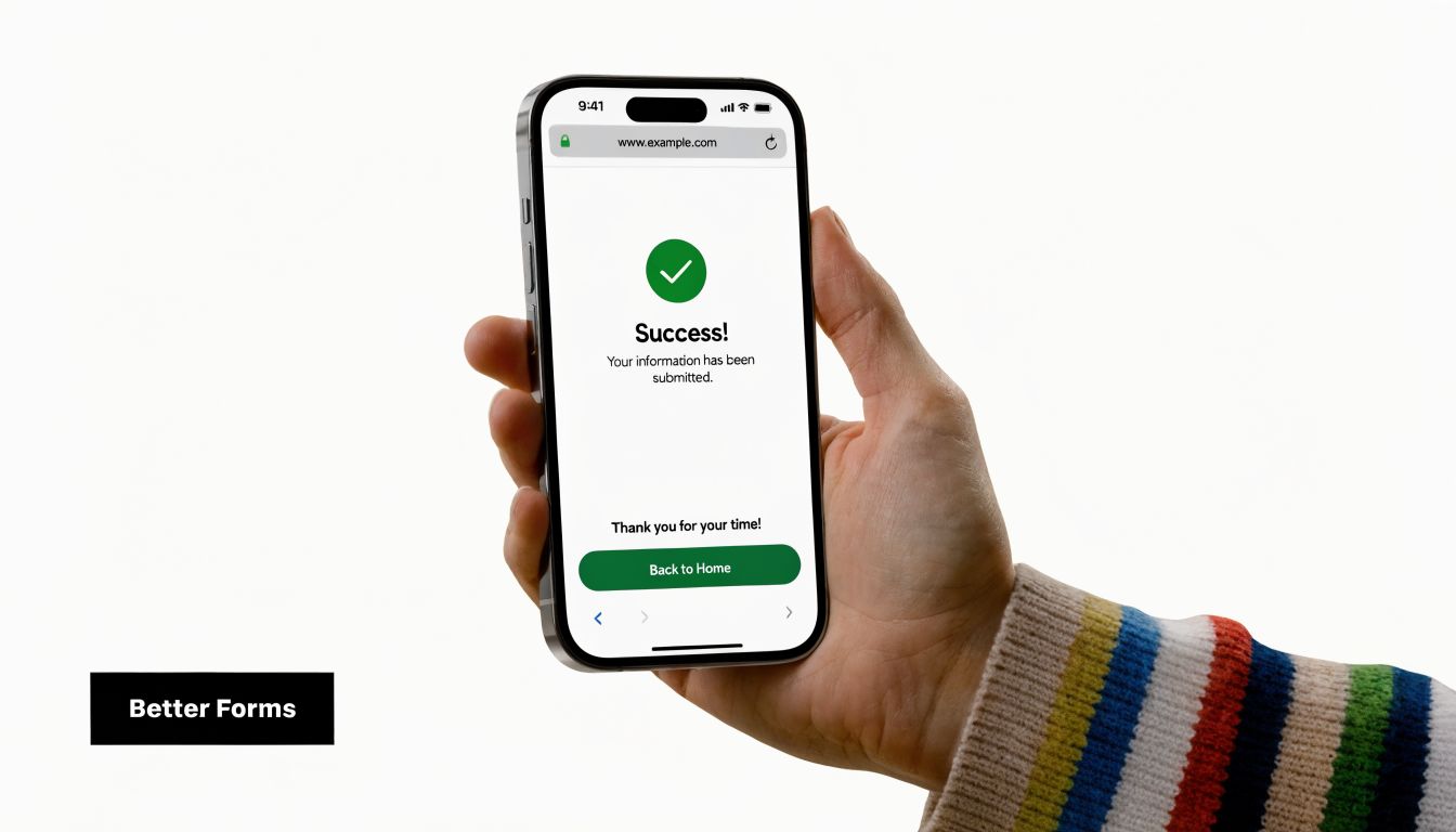 A hand holding a smartphone displaying a successful form submission confirmation message on a white screen.