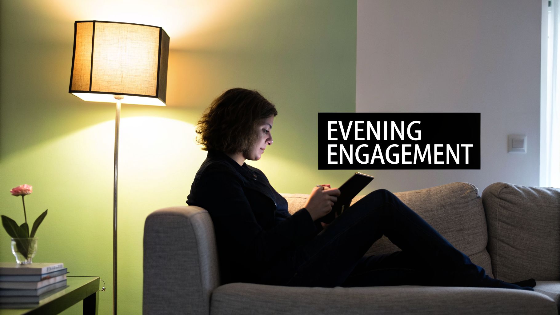 A woman relaxes on a couch at night, illuminated by a floor lamp, using a tablet.