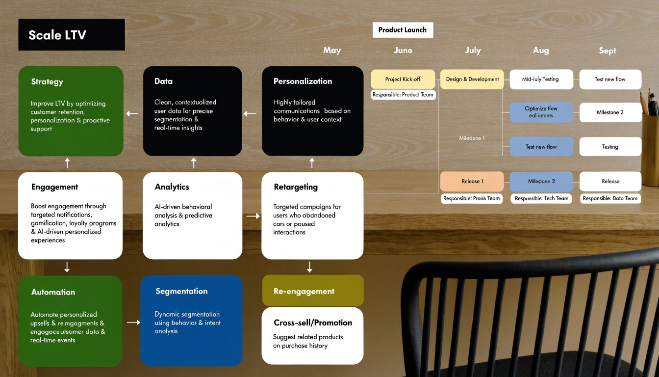 A strategic roadmap diagram for scaling customer lifetime value through data, personalization, and marketing automation workflows.