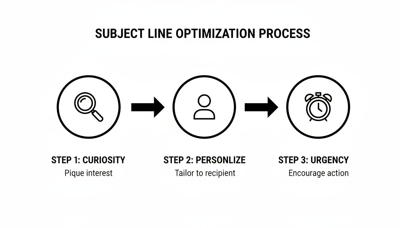 Infographic showing a 3-step subject line optimization process: Curiosity, Personalize, Urgency for email marketing.