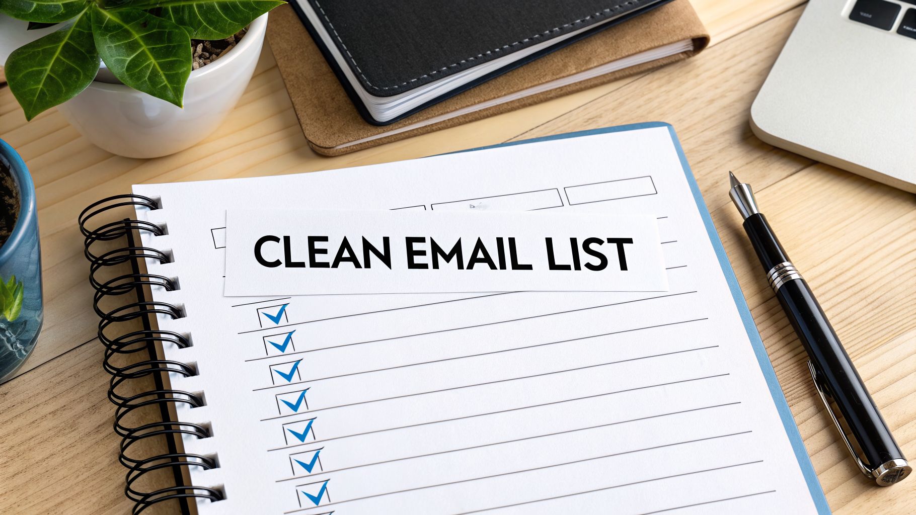 Overhead view of a notebook with 'CLEAN EMAIL LIST' text and a checklist with many blue checkmarks, symbolizing email list hygiene.