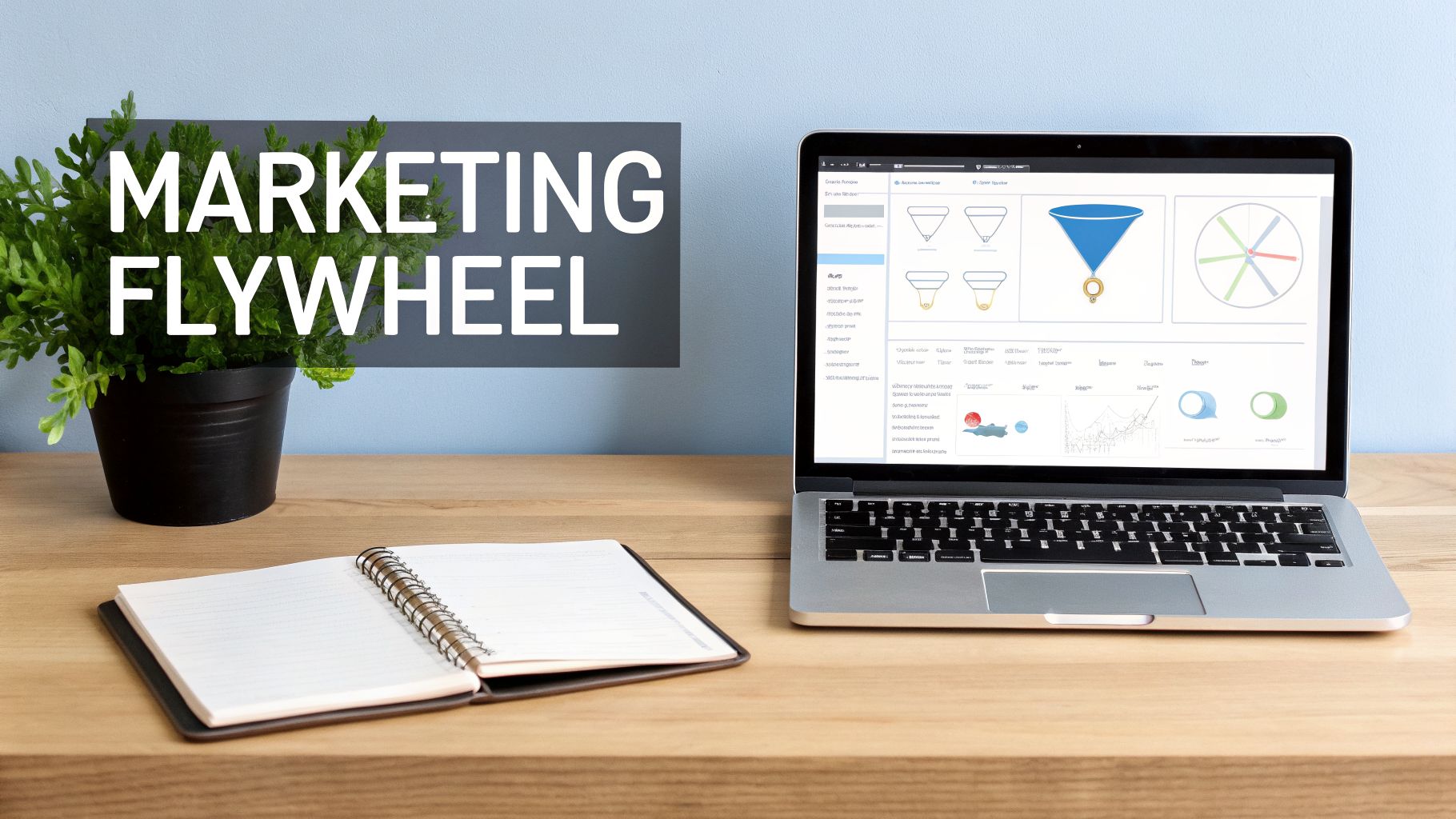 Laptop on a desk showing marketing flywheel graphics, with a plant, open notebook, and a 'MARKETING FLYWHEEL' sign.