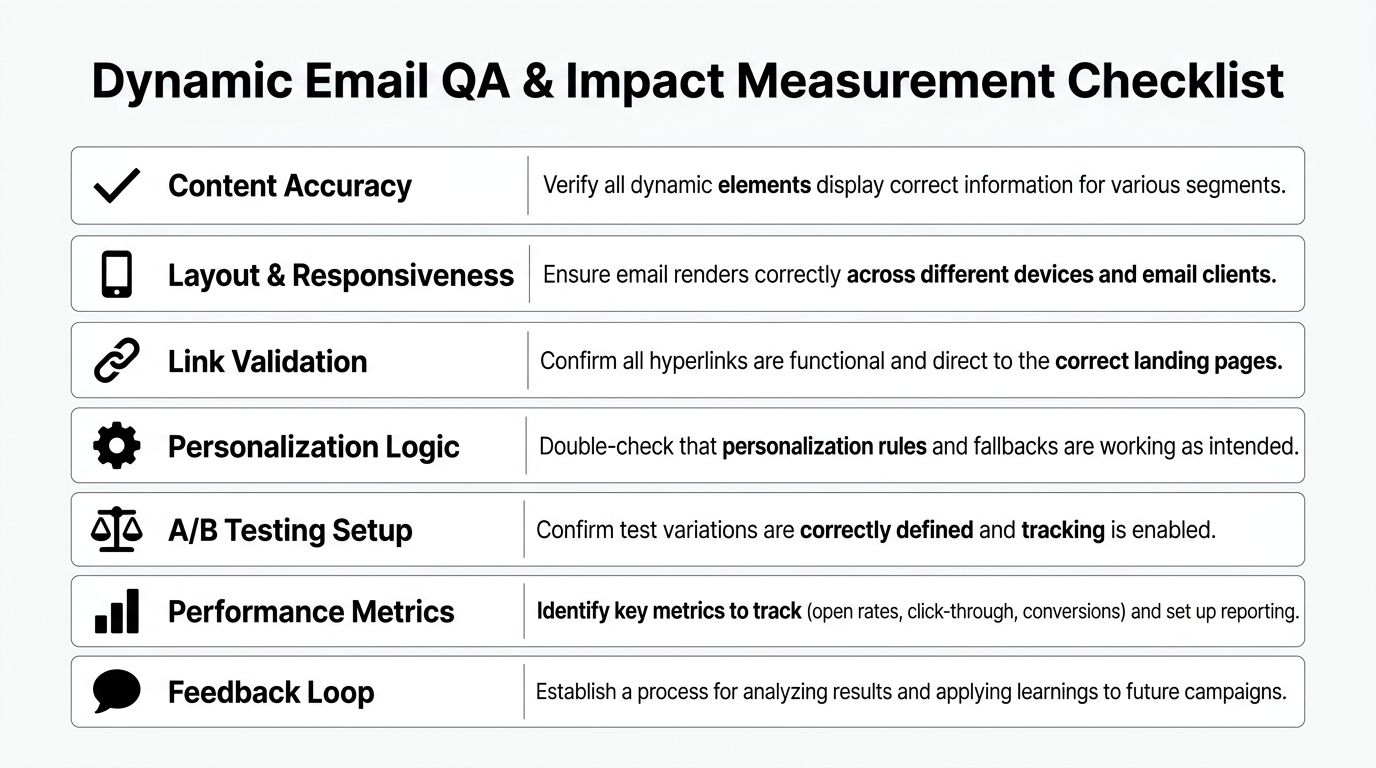 A checklist for dynamic email quality assurance and impact measurement featuring seven key performance testing steps.