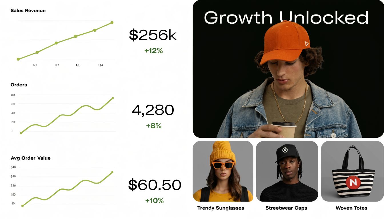 A marketing performance dashboard displaying sales revenue, orders, and average order value metrics with stylish brand products.