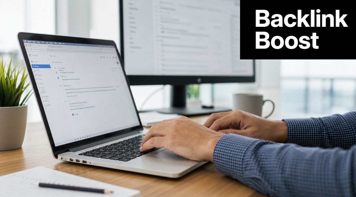 A professional working on a laptop at a desk to implement backlink boost strategies for email marketing.