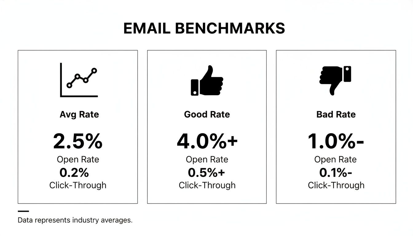 Email marketing benchmarks showing average, good, and bad open and click-through rates.