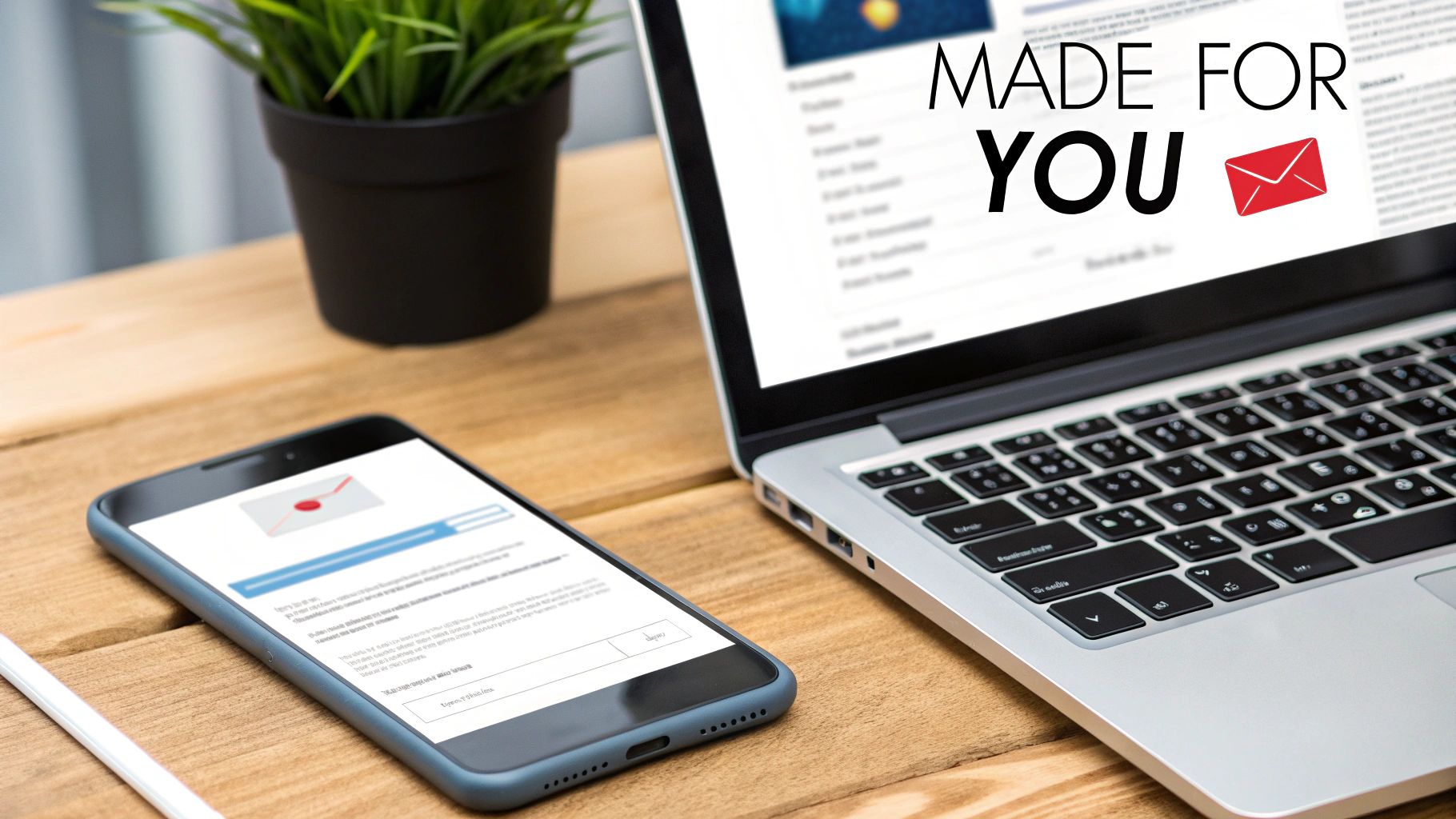 Laptop and smartphone on a wooden desk, displaying email marketing messages and a plant.