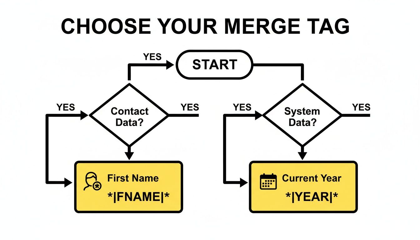 Flowchart demonstrating how to choose Mailchimp merge tags for contact and system data.