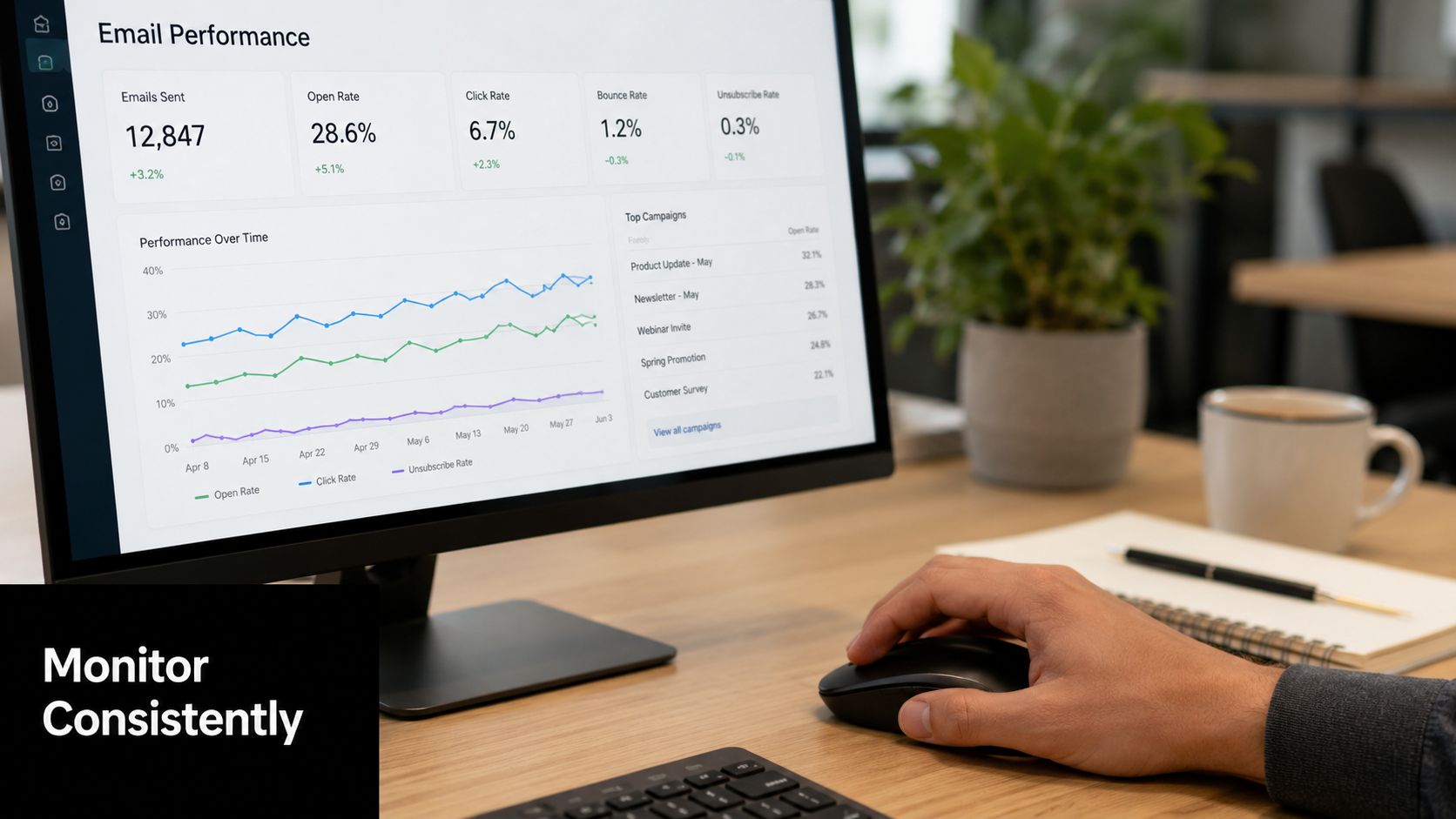 A professional working at a desk viewing an email performance dashboard on a computer monitor.
