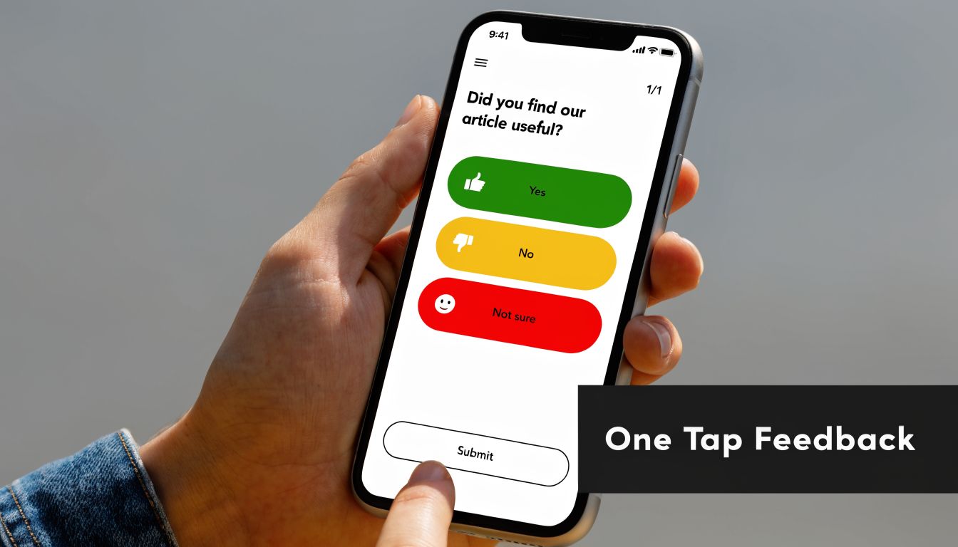 A smartphone held in a hand showing a survey interface with feedback buttons asking about article usefulness.