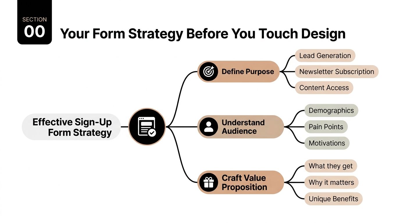 A diagram outlining an effective sign-up form strategy, covering purpose, audience analysis, and value proposition.