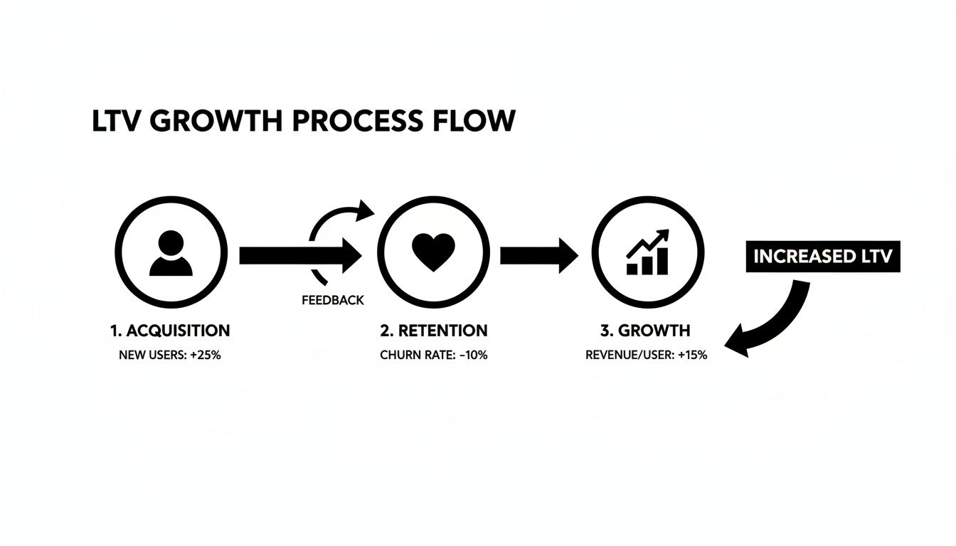 LTV growth process flow showing acquisition, retention, and growth strategies leading to increased customer lifetime value.