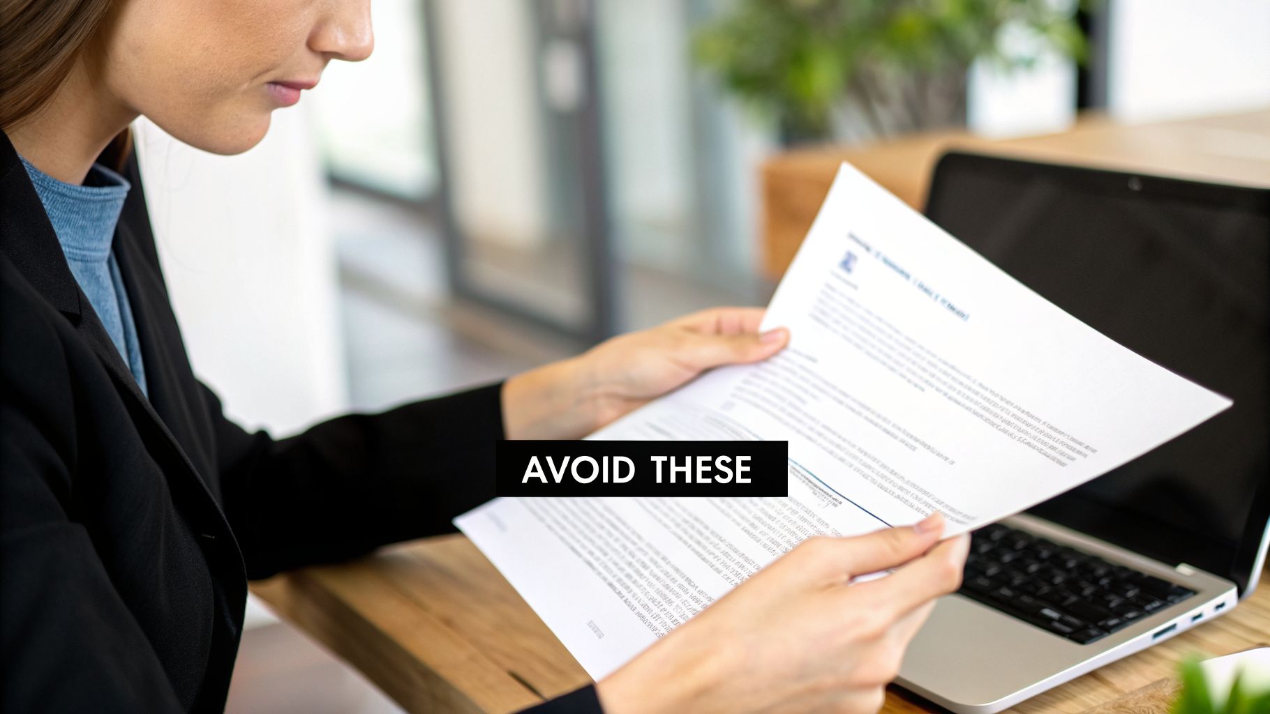 Professional woman in a blazer reviews a document, with a laptop nearby, highlighting crucial details.
