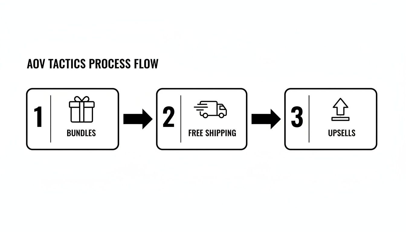 A process flow diagram illustrating three AOV tactics: 1. Bundles, 2. Free Shipping, 3. Upsells.
