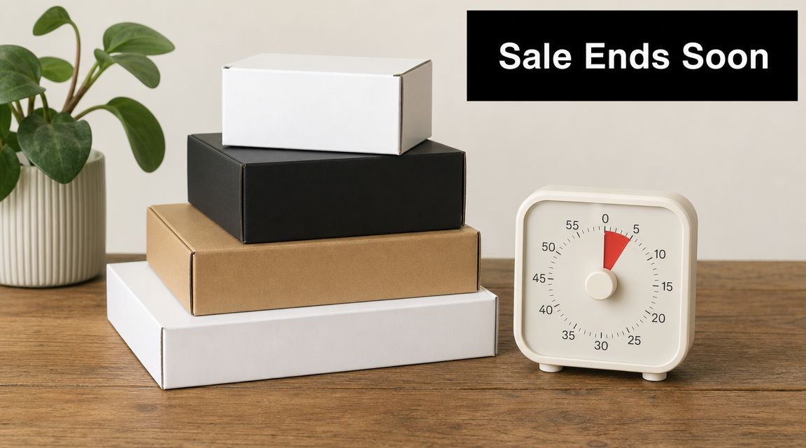 A stack of various colored shipping boxes next to an analog countdown timer on a wooden table.
