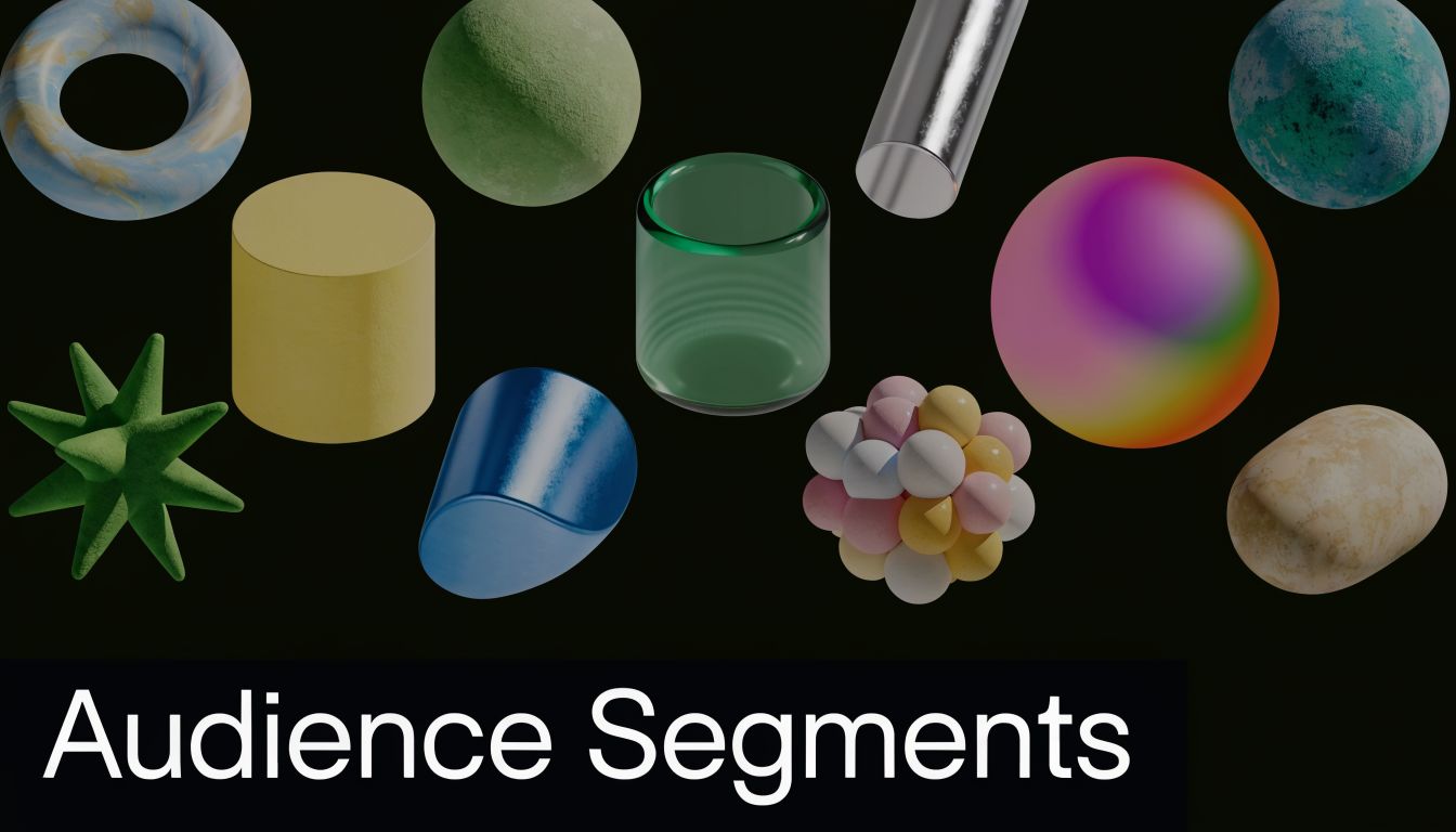 Abstract 3D shapes in various colors and textures floating above the text Audience Segments on black.