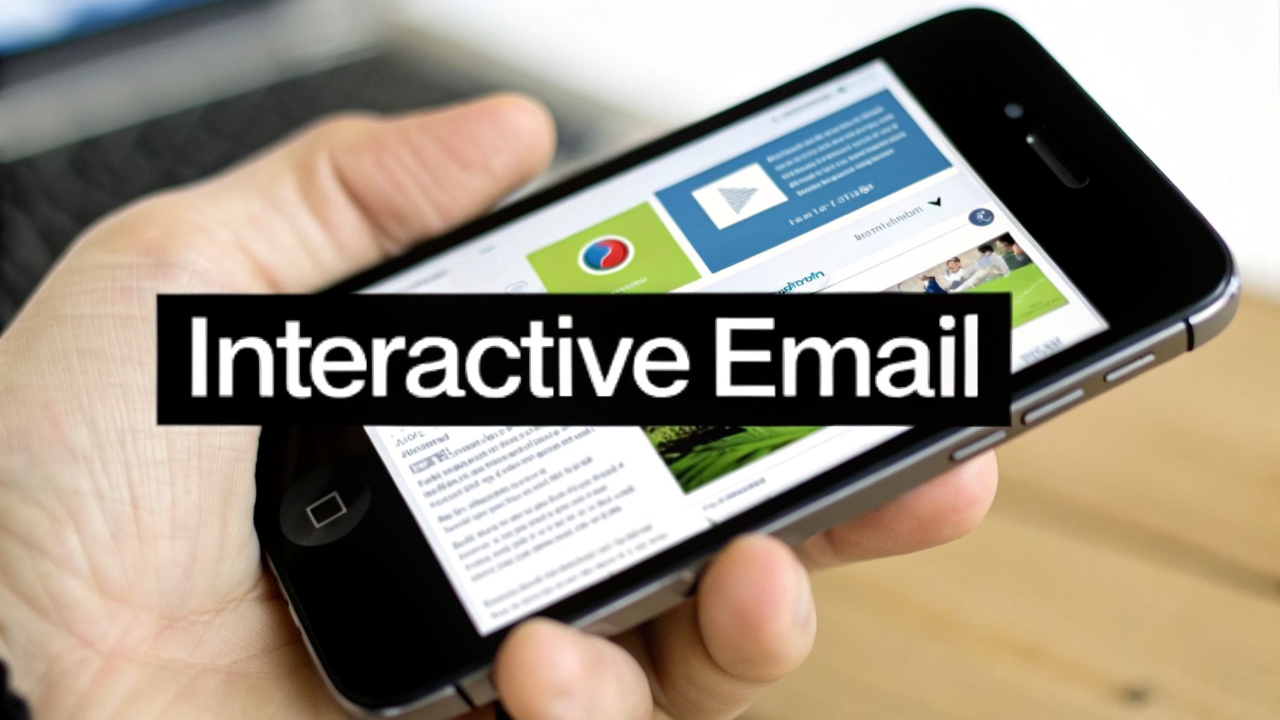 A hand holds a smartphone displaying content, overlaid with the text 'Interactive Email'.