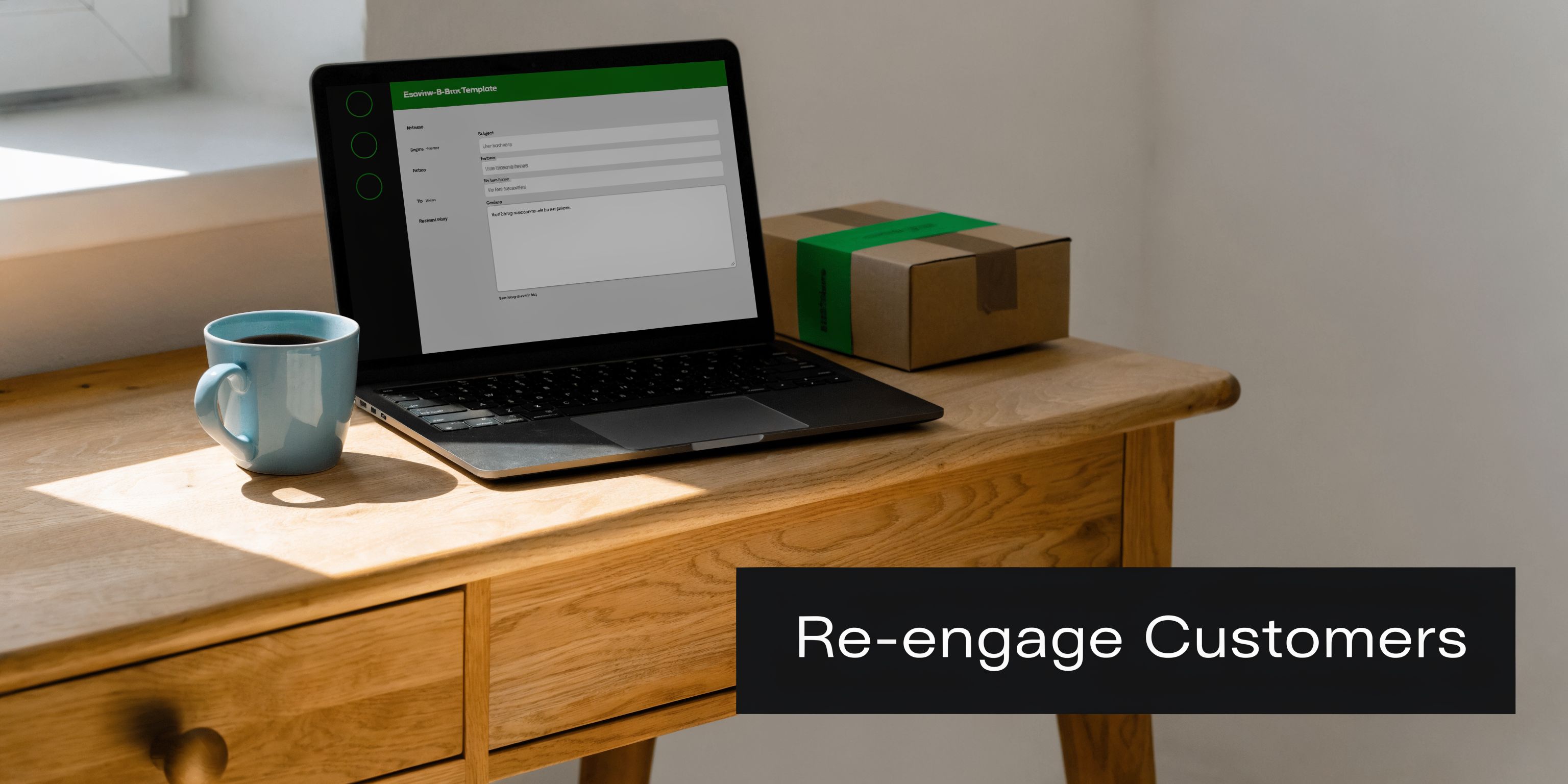 A modern workspace with a laptop displaying an email template next to a coffee mug and box.