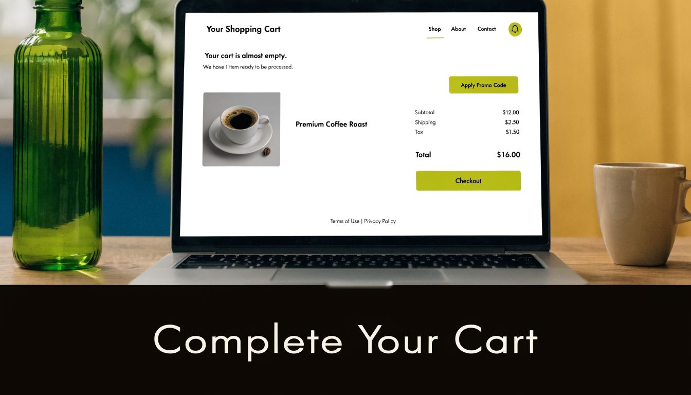 A laptop screen displaying a digital shopping cart page for a premium coffee roast product purchase.