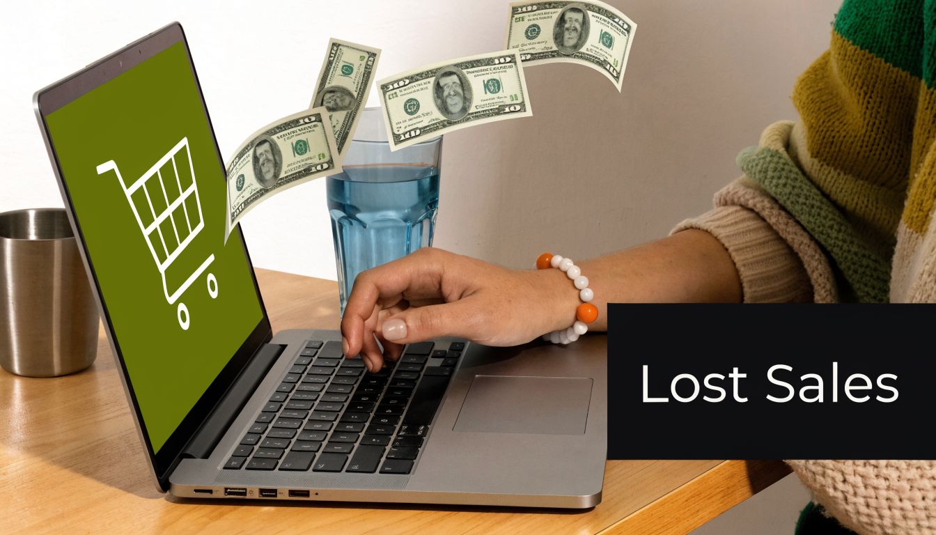 A person working on a laptop with a shopping cart icon, visualizing the concept of lost sales.