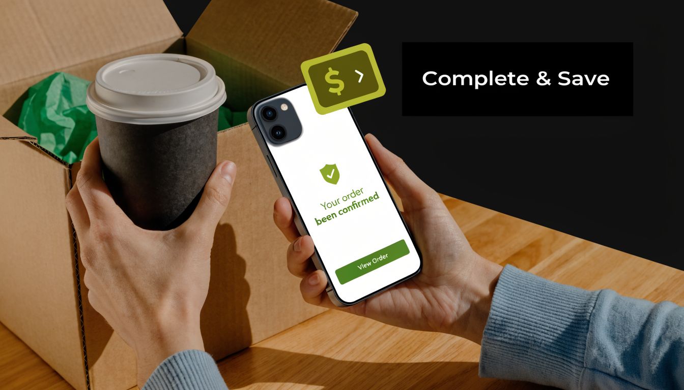 A person holding a smartphone showing a confirmed order screen alongside a coffee cup and cardboard box.