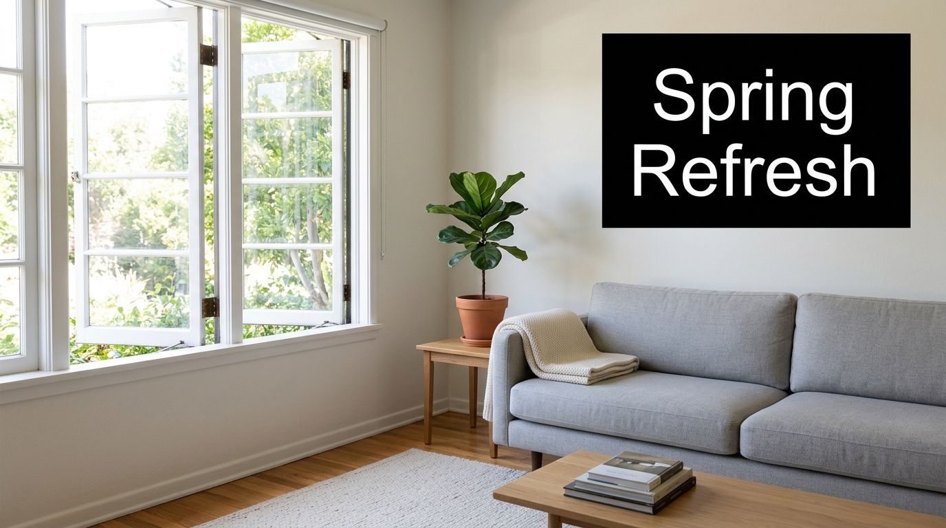 A minimalist living room with a grey sofa, potted plant, and windows, featuring Spring Refresh text.