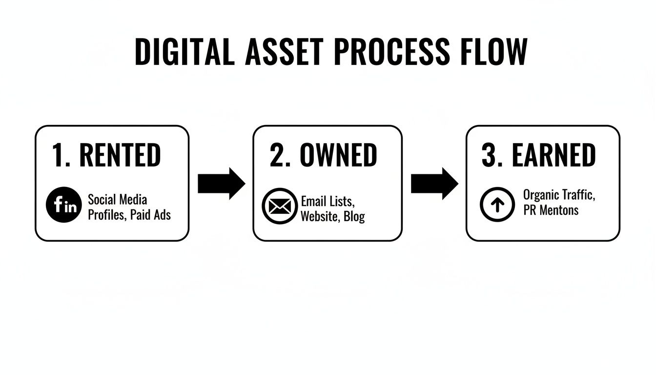 Digital asset process flow showing rented, owned, and earned assets with examples.