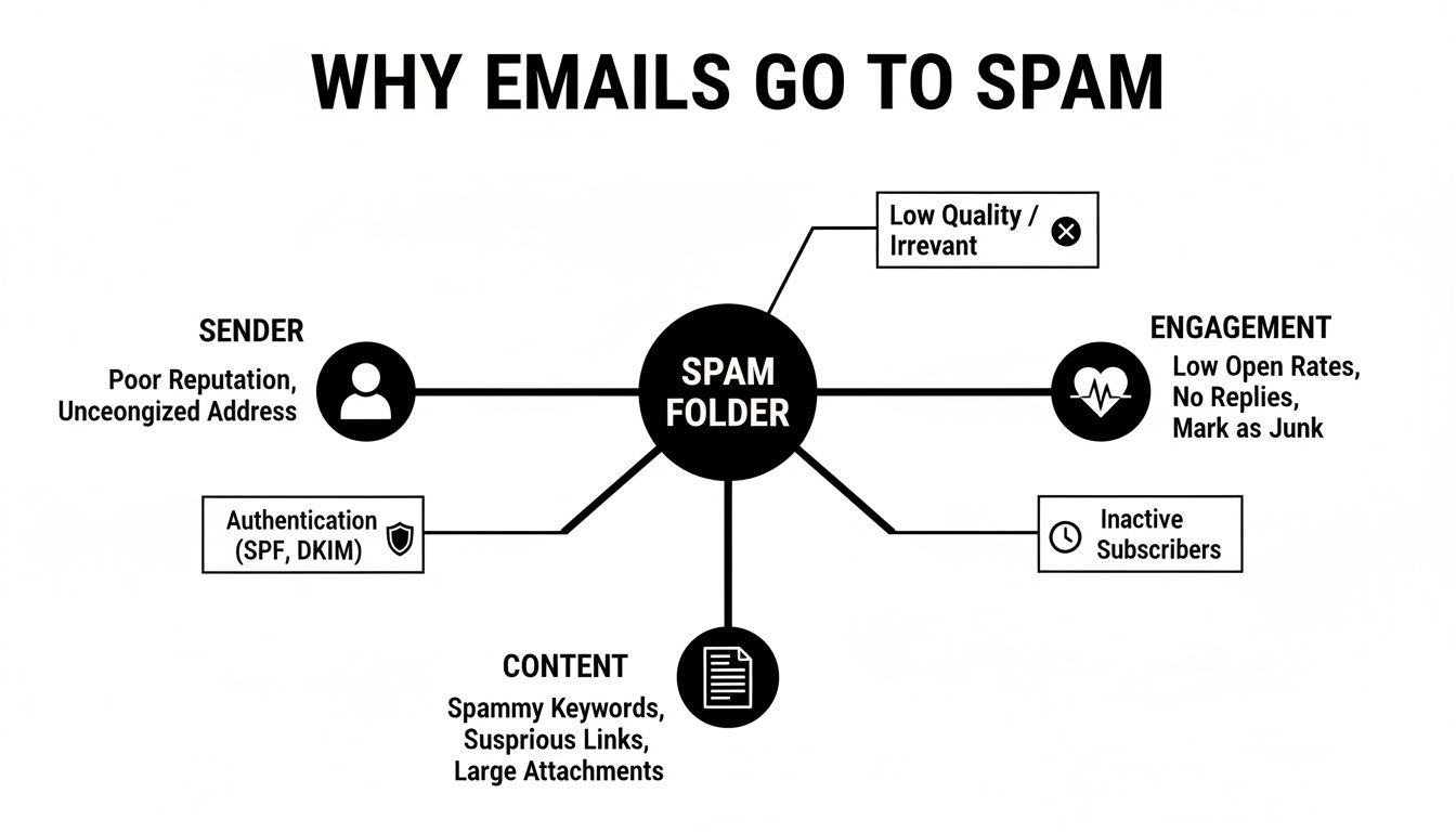 Diagram illustrating reasons why emails go to spam, including sender reputation, content, engagement, and authentication.