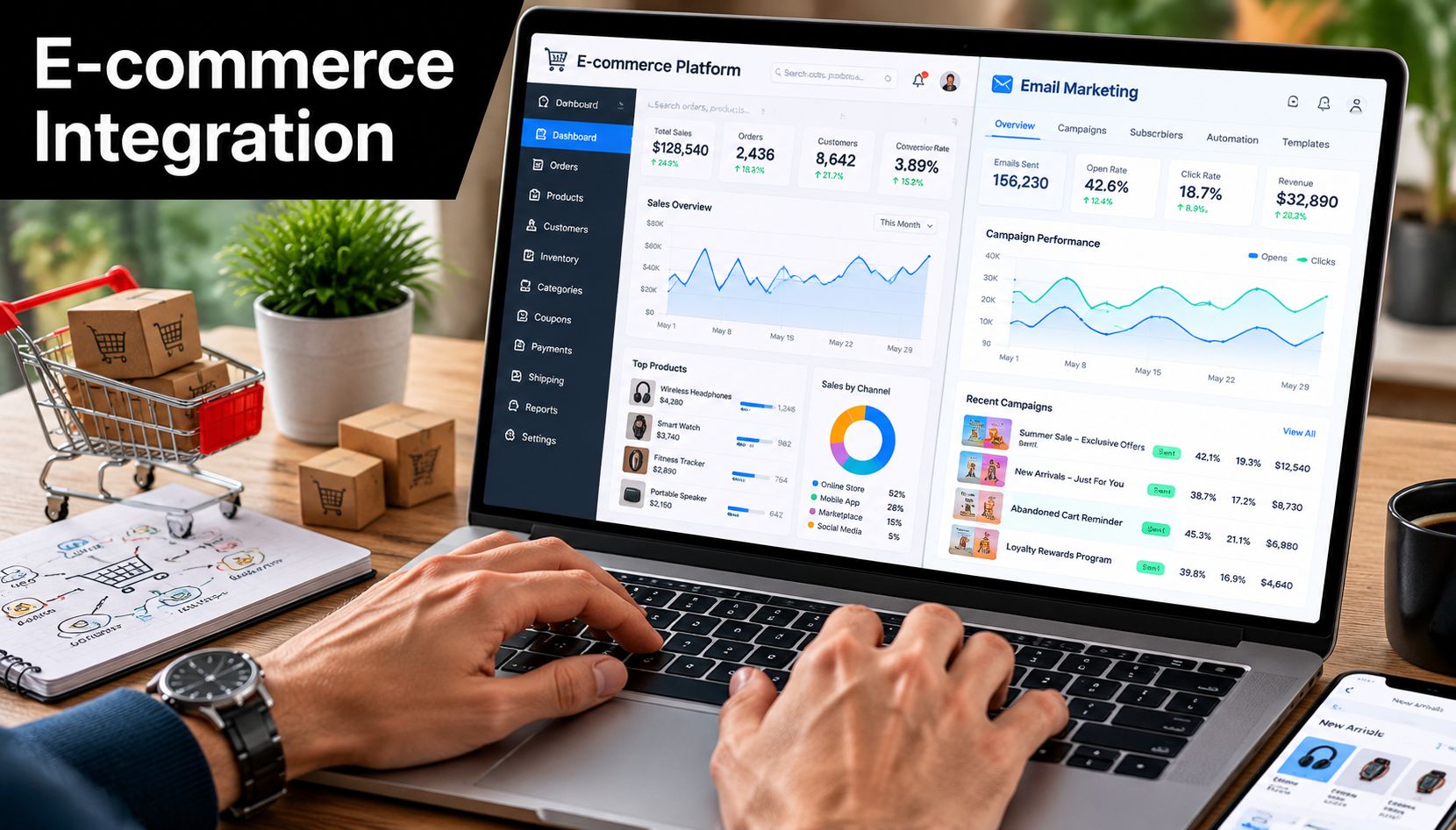 A person using a laptop to manage an e-commerce platform dashboard with sales and email marketing analytics.