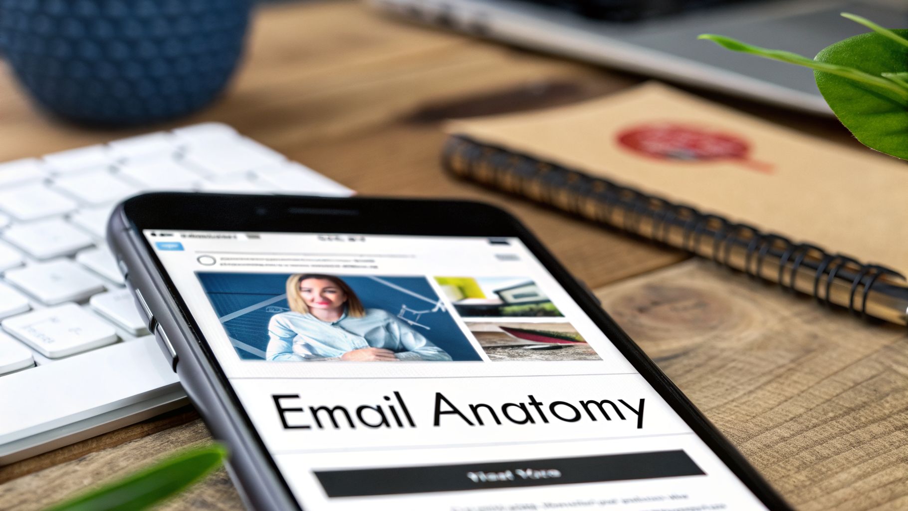 A close-up of a smartphone screen displaying an article titled 'Email Anatomy' with images.