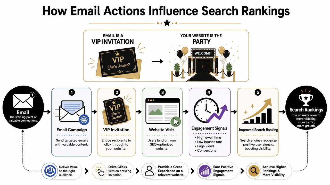 A diagram illustrating the five steps of how email marketing campaigns influence and improve search engine rankings.